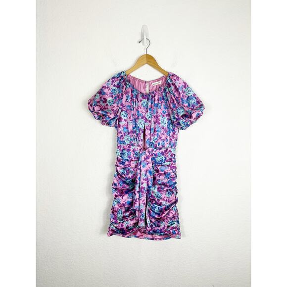For Love & Lemons Tahiti Ruched Mini Dress Small Purple Floral Satin Cottagecore - Picture 3 of 14
